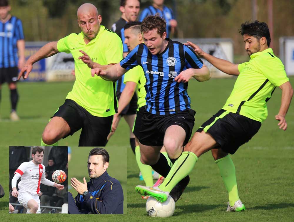 Das 6:3 gegen Nauheim war der sechste Sieg in Folge für die Germania. Nun steht das Topspiel bei RW Walldorf an. Trainer Max Martin und Stürmer Mario Gotta (kleine Fotos) sind nur zwei gute Bekannte im Team der Walldörfer. (Fotos: Edgar Weber/Germania Ober-Roden, Eyßen) Germania: Nach 6:3-Sieg nun Topspiel in Walldorf