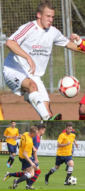 Marvin Bernhard (oben) entschied mit seinem Viererpack das Zimmerner Derby fast im Alleingang. Das Rödermark-Derby zwischen Germania Ober-Roden II und dem KSV Urberach (unten) endete 2:2. Derby-Viererpack / Karten-Festival (mit Galerie)